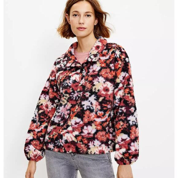 Loft Floral Sherpa Snap‎ Collar Top Pullover Size Small - Picture 1 of 7